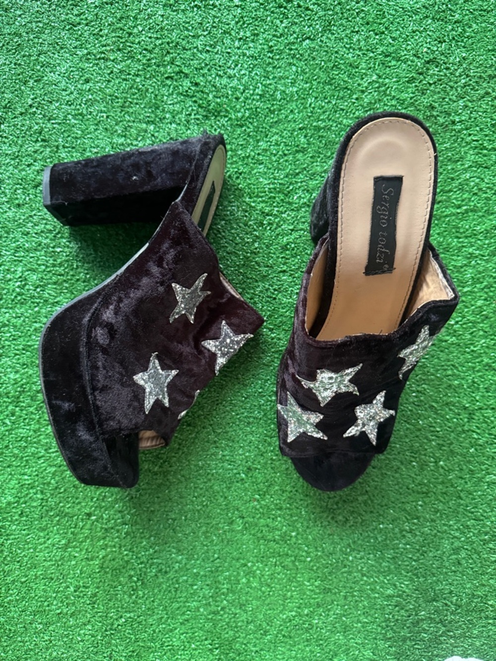 Black Velvet Star Slip-On Platform Mules
